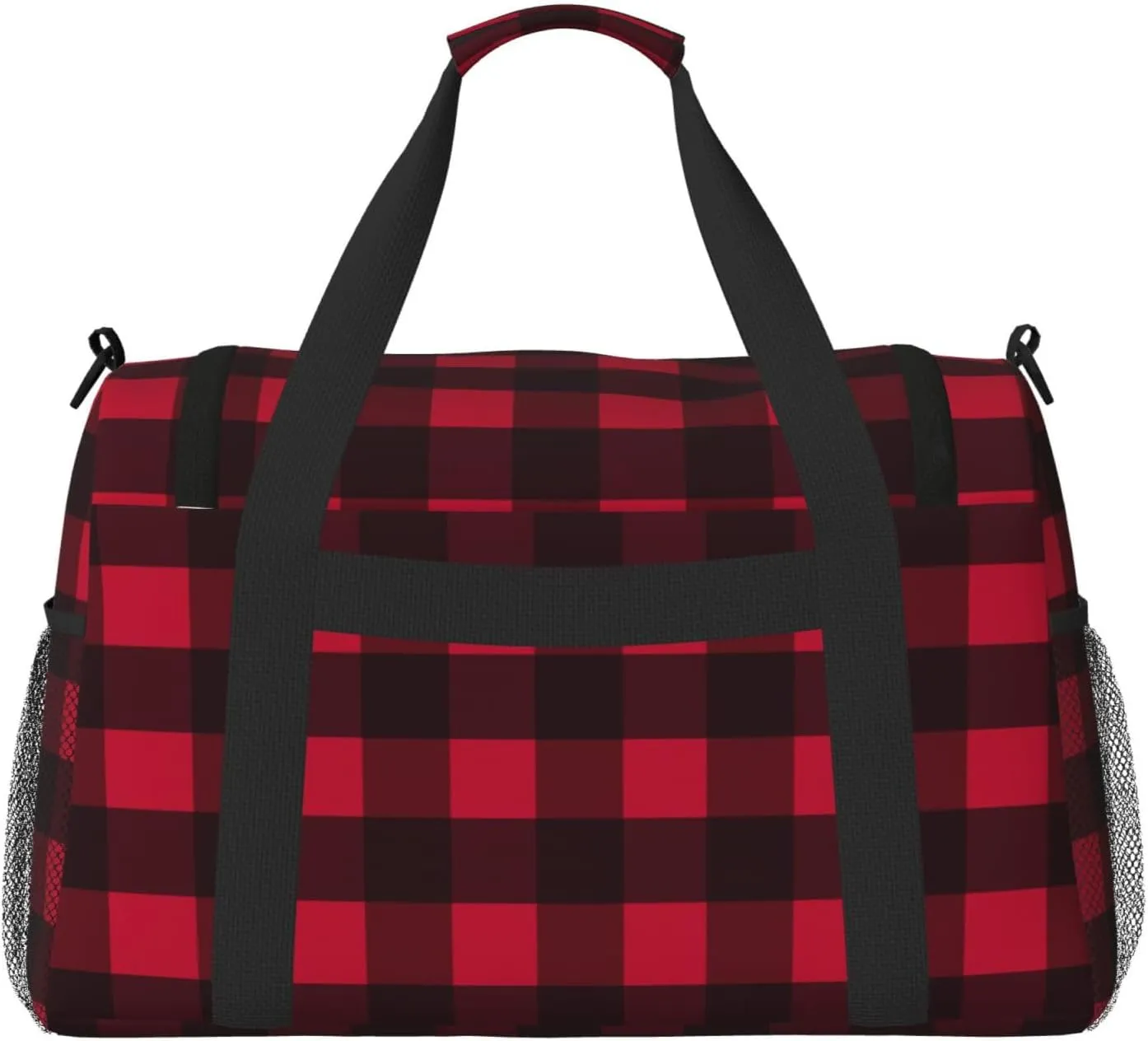 Black And Red Grid Travel Duffel Bag Large Foldable Waterproof Overnight Bag For Beach Swim Bags Pool Sports Gym