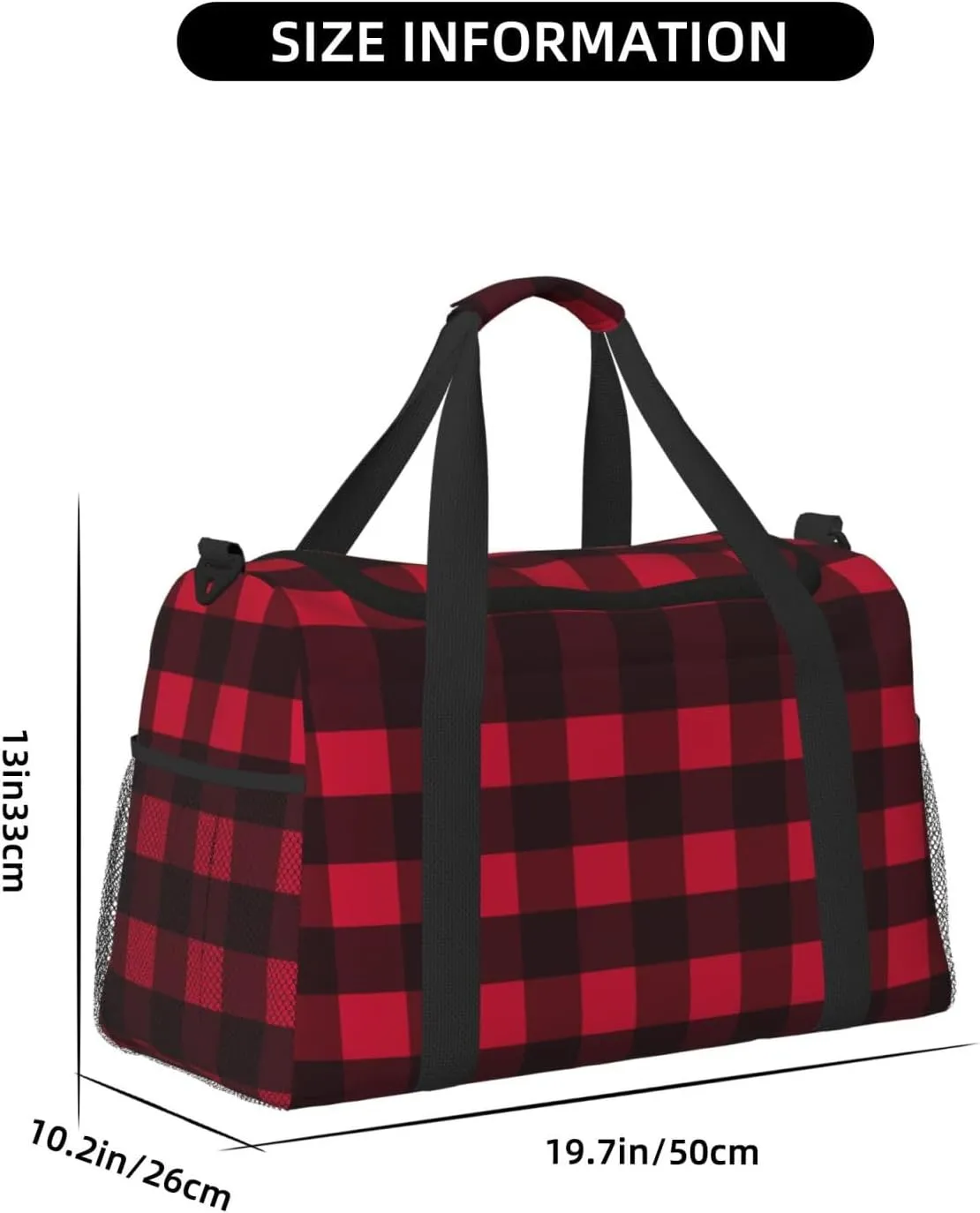Black And Red Grid Travel Duffel Bag Large Foldable Waterproof Overnight Bag For Beach Swim Bags Pool Sports Gym