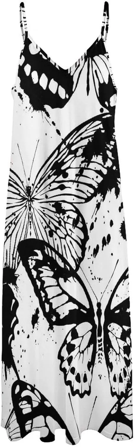 Black and White Butterflies Womens Long Dresses Low Cut V Neck Long Sundress Sleeveless Spaghetti Straps Sling Dress