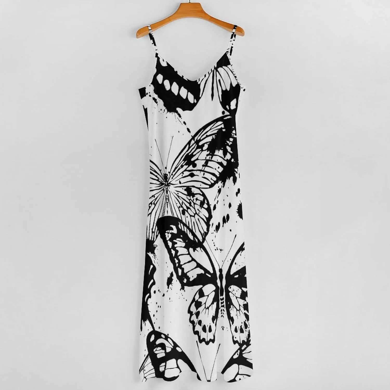 Black and White Butterflies Womens Long Dresses Low Cut V Neck Long Sundress Sleeveless Spaghetti Straps Sling Dress