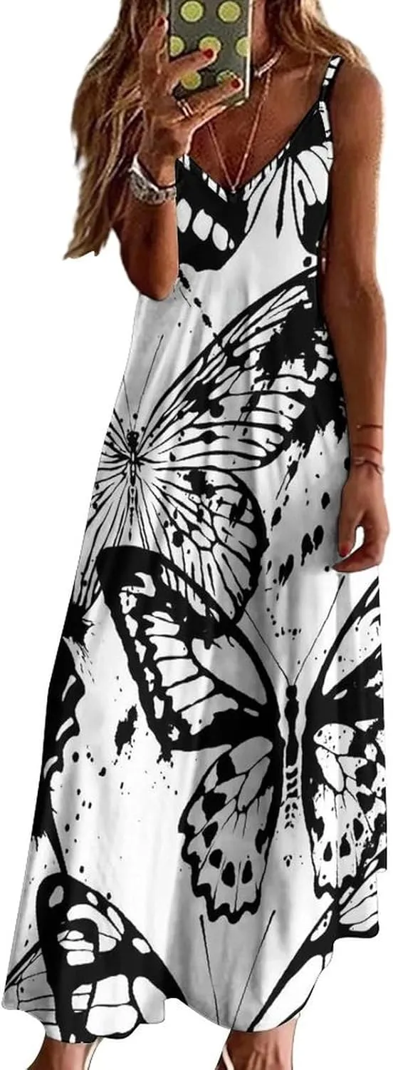 Black and White Butterflies Womens Long Dresses Low Cut V Neck Long Sundress Sleeveless Spaghetti Straps Sling Dress