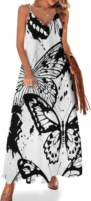 Black and White Butterflies Womens Long Dresses Low Cut V Neck Long Sundress Sleeveless Spaghetti Straps Sling Dress