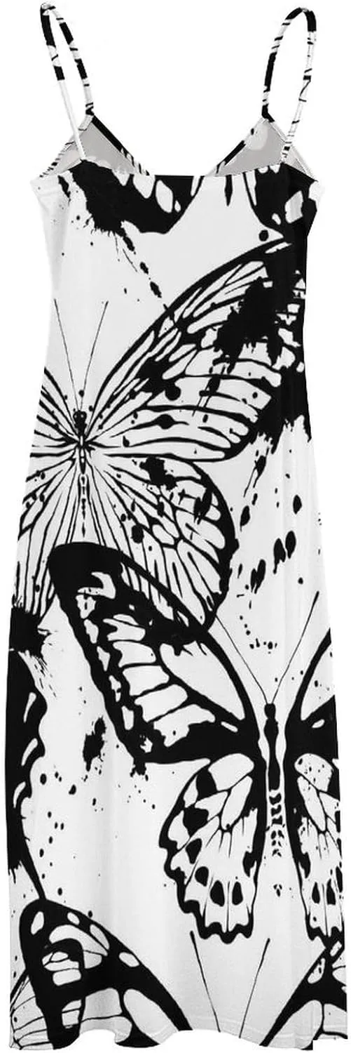 Black and White Butterflies Womens Long Dresses Low Cut V Neck Long Sundress Sleeveless Spaghetti Straps Sling Dress