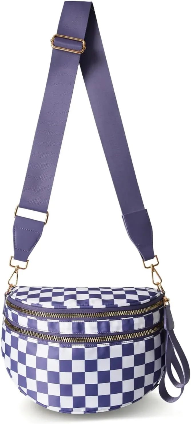 Black and White Checkered Crossbody Bum Bag, Spacious Design for Essentials Plus Size Friendly Strap 55"
