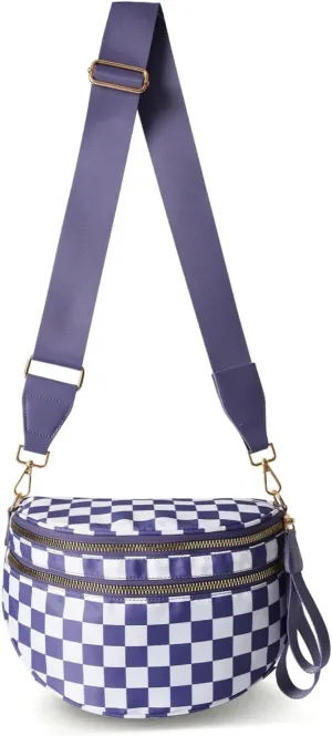 Black and White Checkered Crossbody Bum Bag, Spacious Design for Essentials Plus Size Friendly Strap 55"