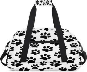 Black Animal Footprint Gym Duffel Bag for Men Women White Background Sports Tote Bag with Adjustable Shoulder Strap for Dance Gymnastics Traveling Outdoor Camping Overnight Stay