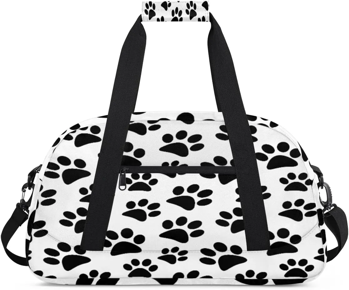 Black Animal Footprint Gym Duffel Bag for Men Women White Background Sports Tote Bag with Adjustable Shoulder Strap for Dance Gymnastics Traveling Outdoor Camping Overnight Stay
