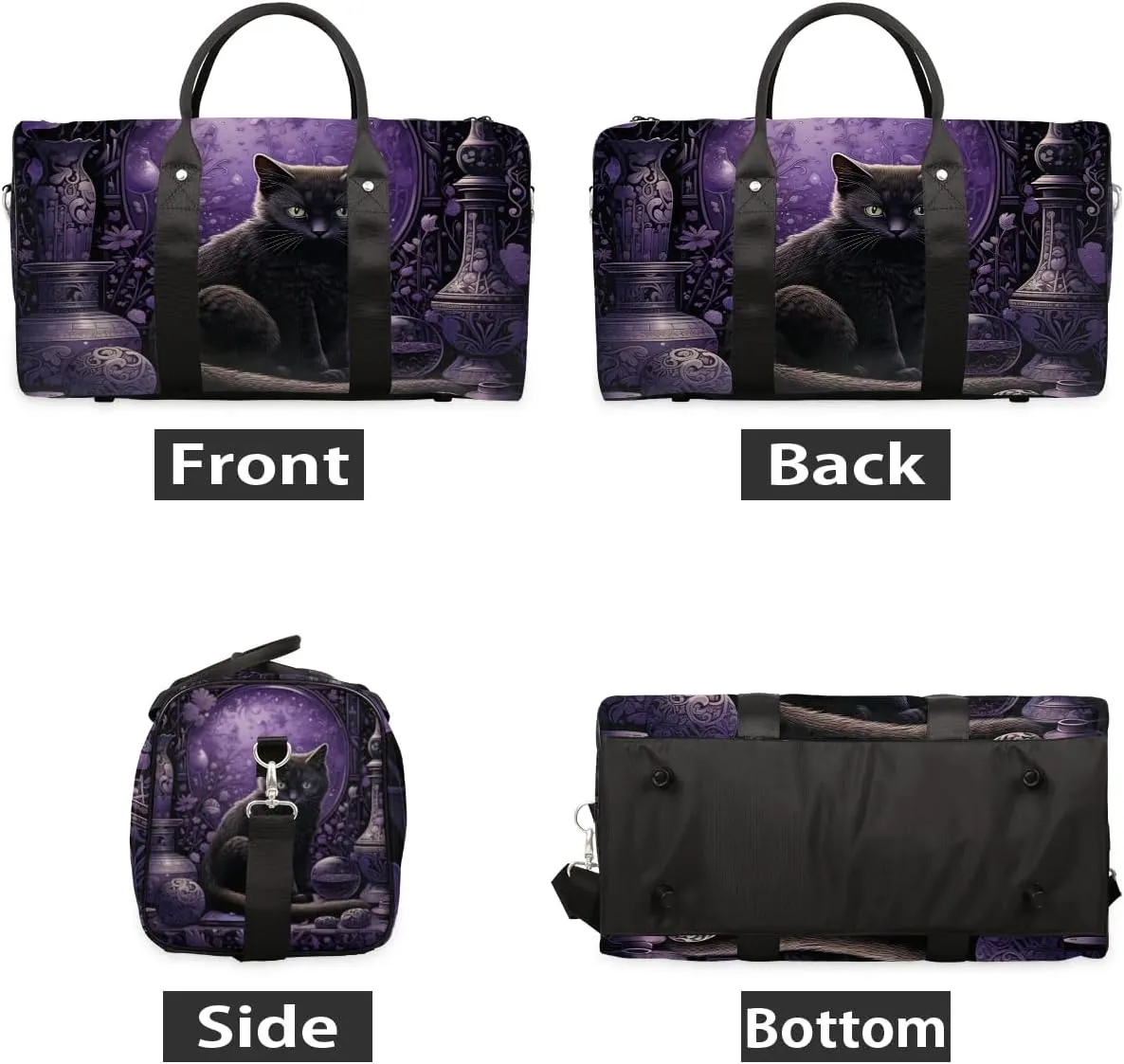 Black Cat Travel Duffel Bag for Women Men Waterproof Foldable Overnight Weekender Bag Large Capacity Sports Gym Bag