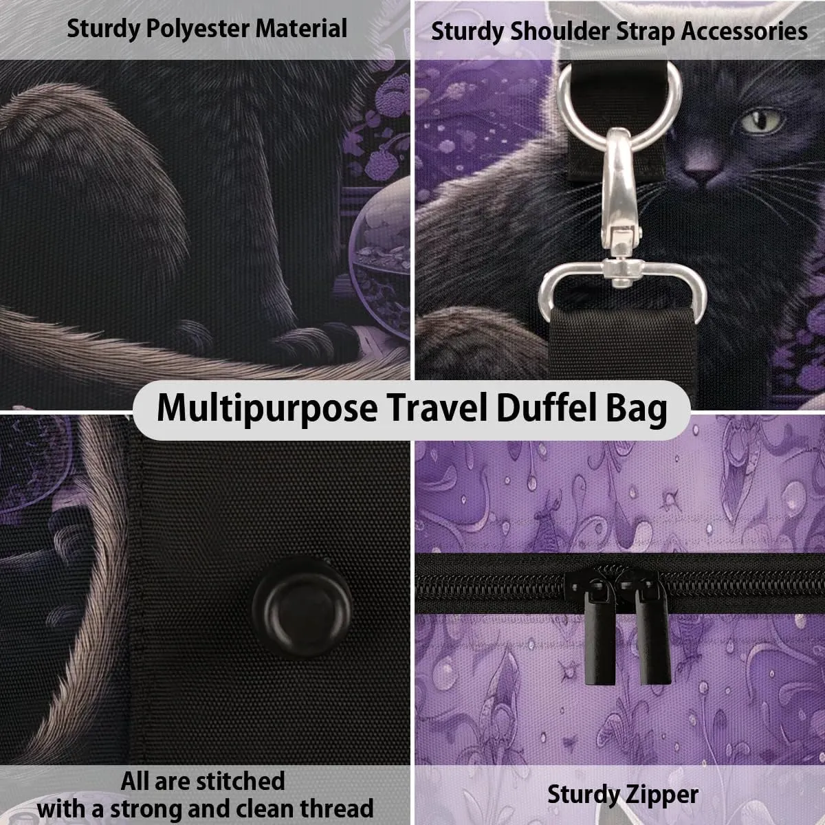 Black Cat Travel Duffel Bag for Women Men Waterproof Foldable Overnight Weekender Bag Large Capacity Sports Gym Bag