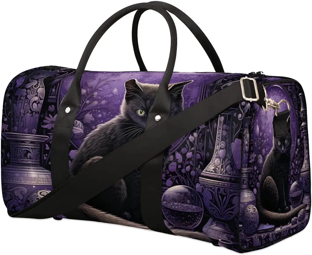 Black Cat Travel Duffel Bag for Women Men Waterproof Foldable Overnight Weekender Bag Large Capacity Sports Gym Bag