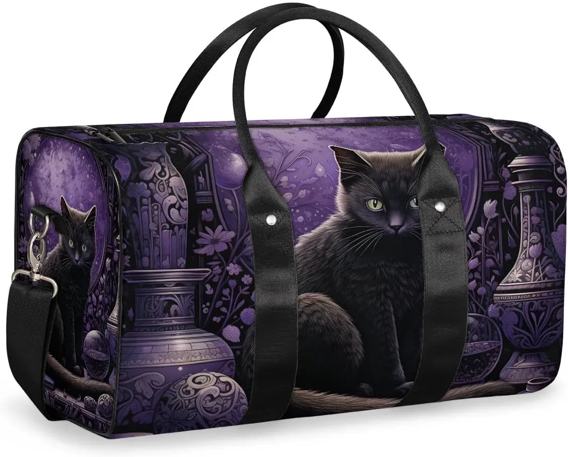 Black Cat Travel Duffel Bag for Women Men Waterproof Foldable Overnight Weekender Bag Large Capacity Sports Gym Bag