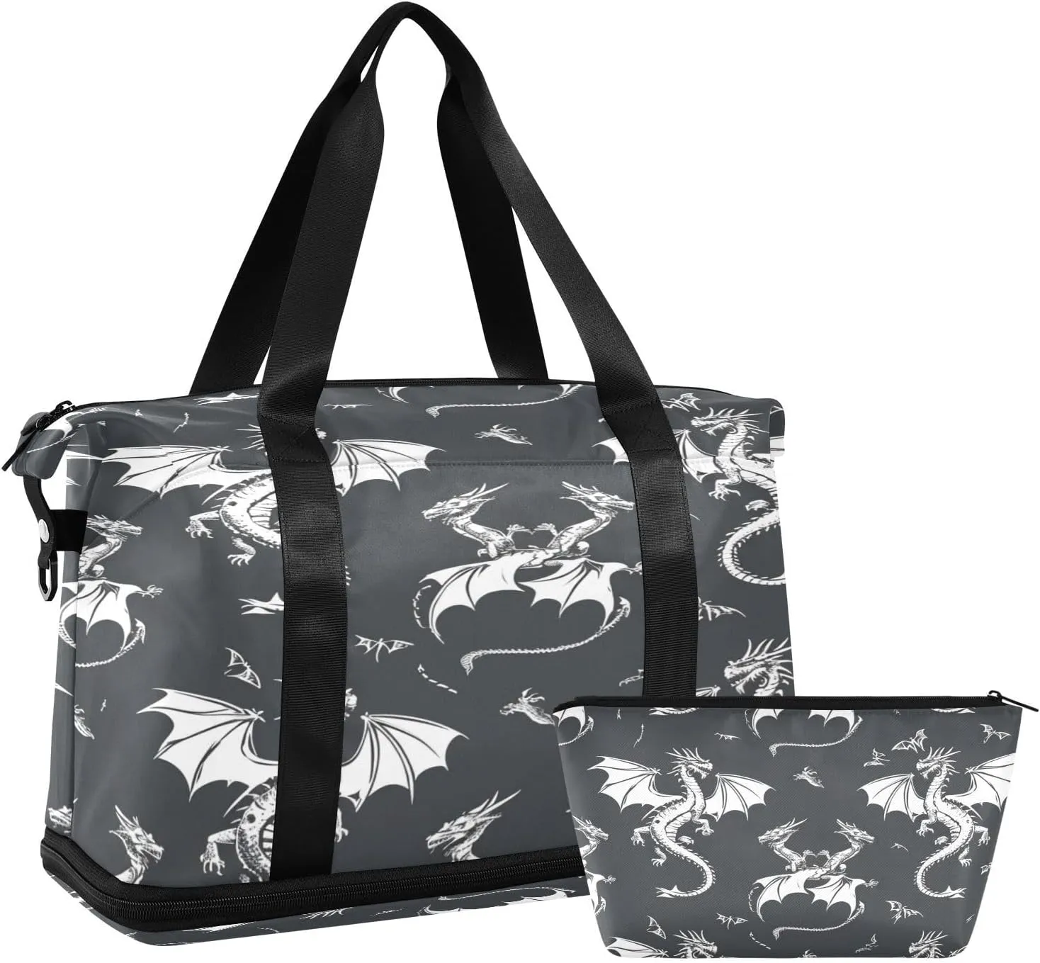 Black Dragons Travel Duffel Bag with Shoe Compartment Waterproof Sports Tote Gym Bag Beach Bag Women Men Travel Fitness Yoga Overnight Bag Wet Bag