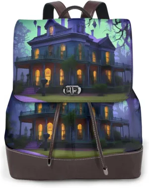 Black Haunted Mansions Leather Backpack for Women-Stylish Bolsos Para Mujeres for Work, Travel & Style-Purses for Women