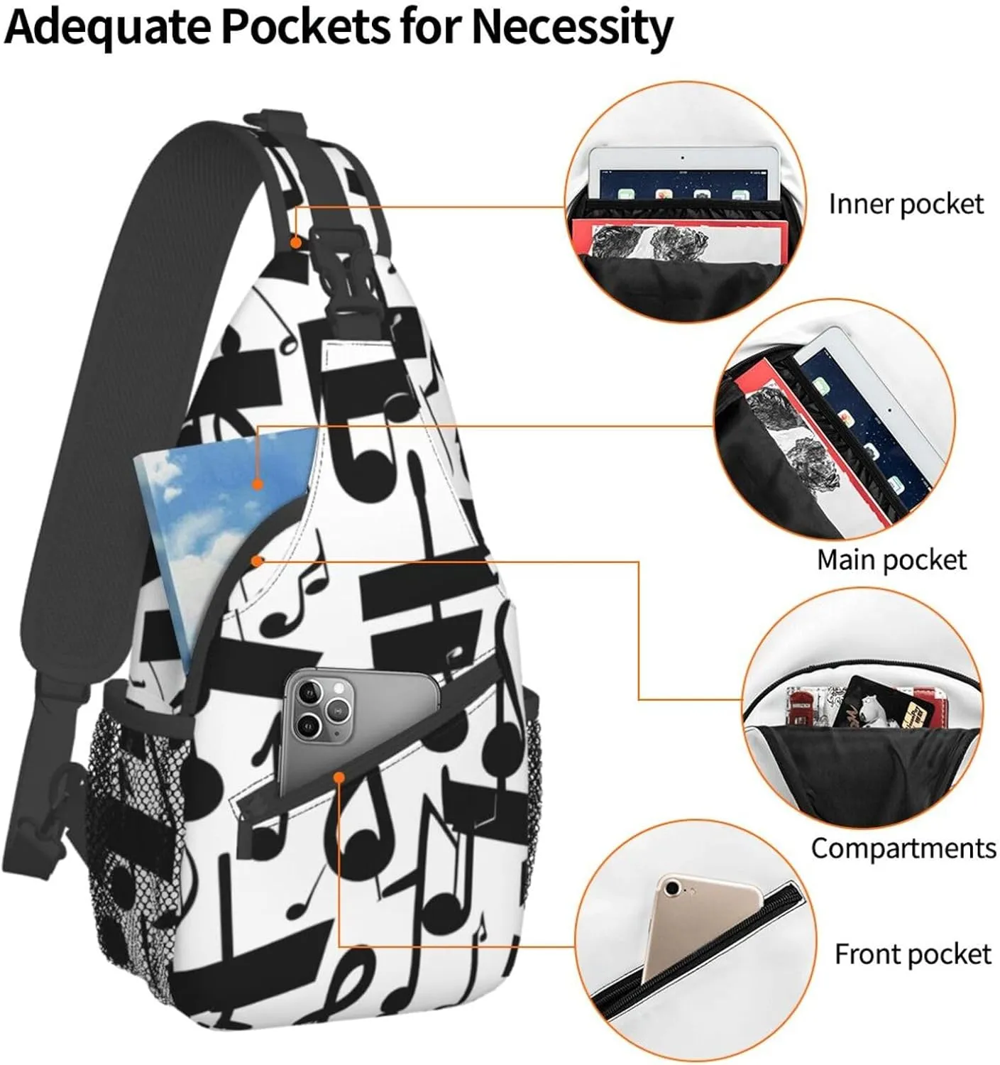 Black Music Note Print Stylish Sling Backpack, Sling Bag,Chest Bag Daypack, for Hiking, Travel, and Business