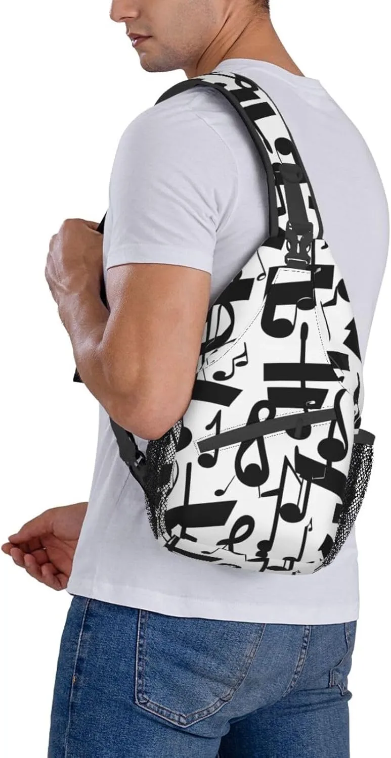 Black Music Note Print Stylish Sling Backpack, Sling Bag,Chest Bag Daypack, for Hiking, Travel, and Business