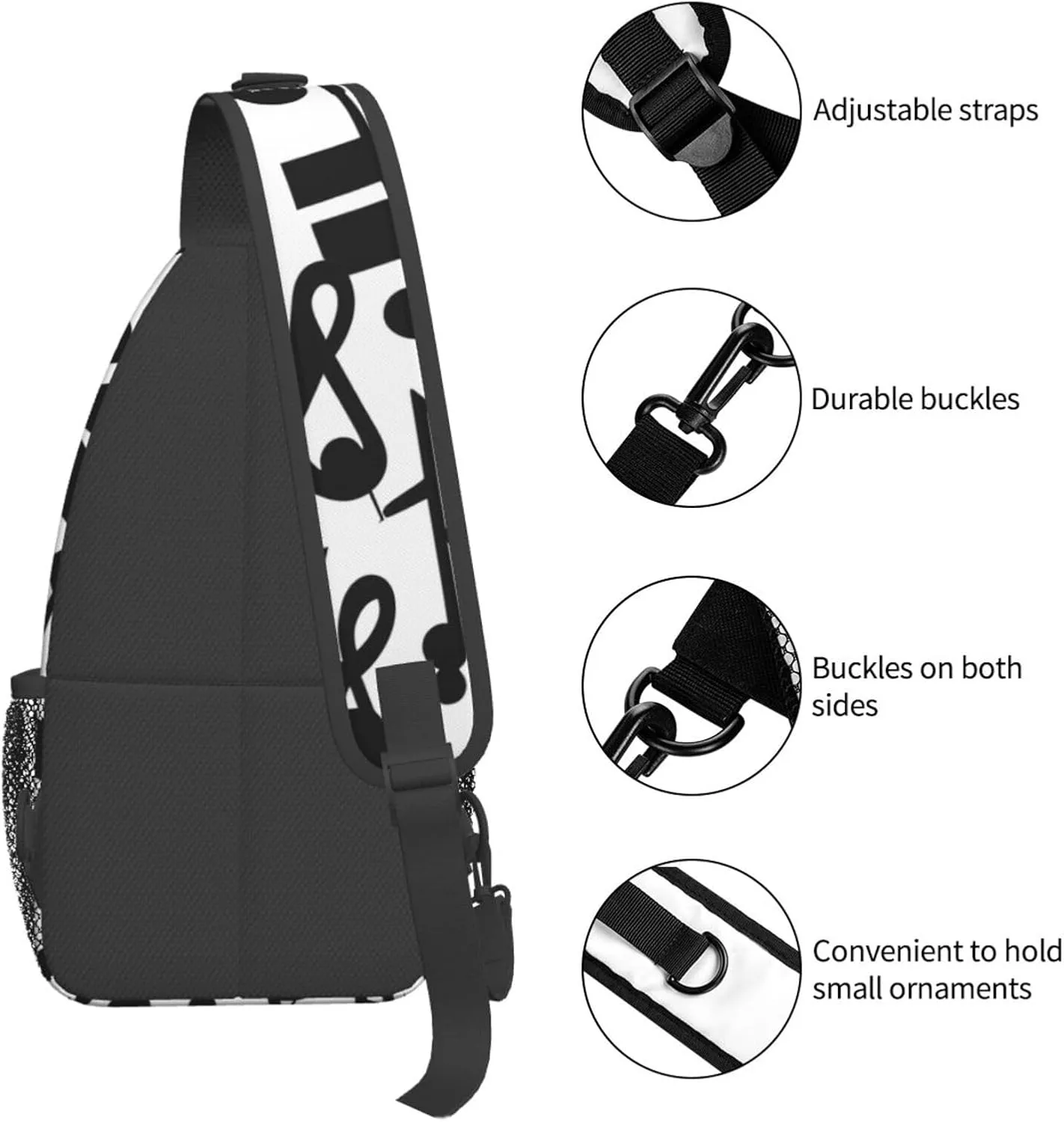 Black Music Note Print Stylish Sling Backpack, Sling Bag,Chest Bag Daypack, for Hiking, Travel, and Business
