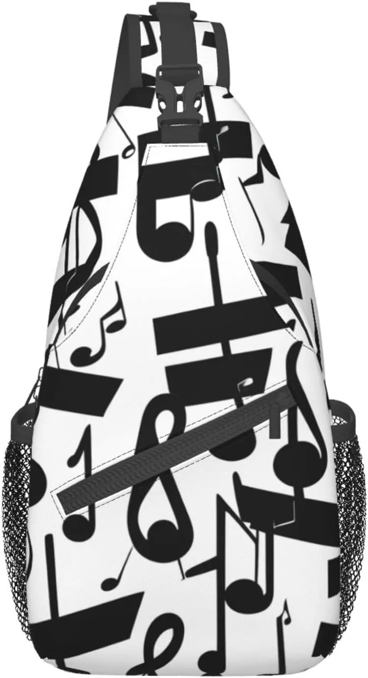 Black Music Note Print Stylish Sling Backpack, Sling Bag,Chest Bag Daypack, for Hiking, Travel, and Business