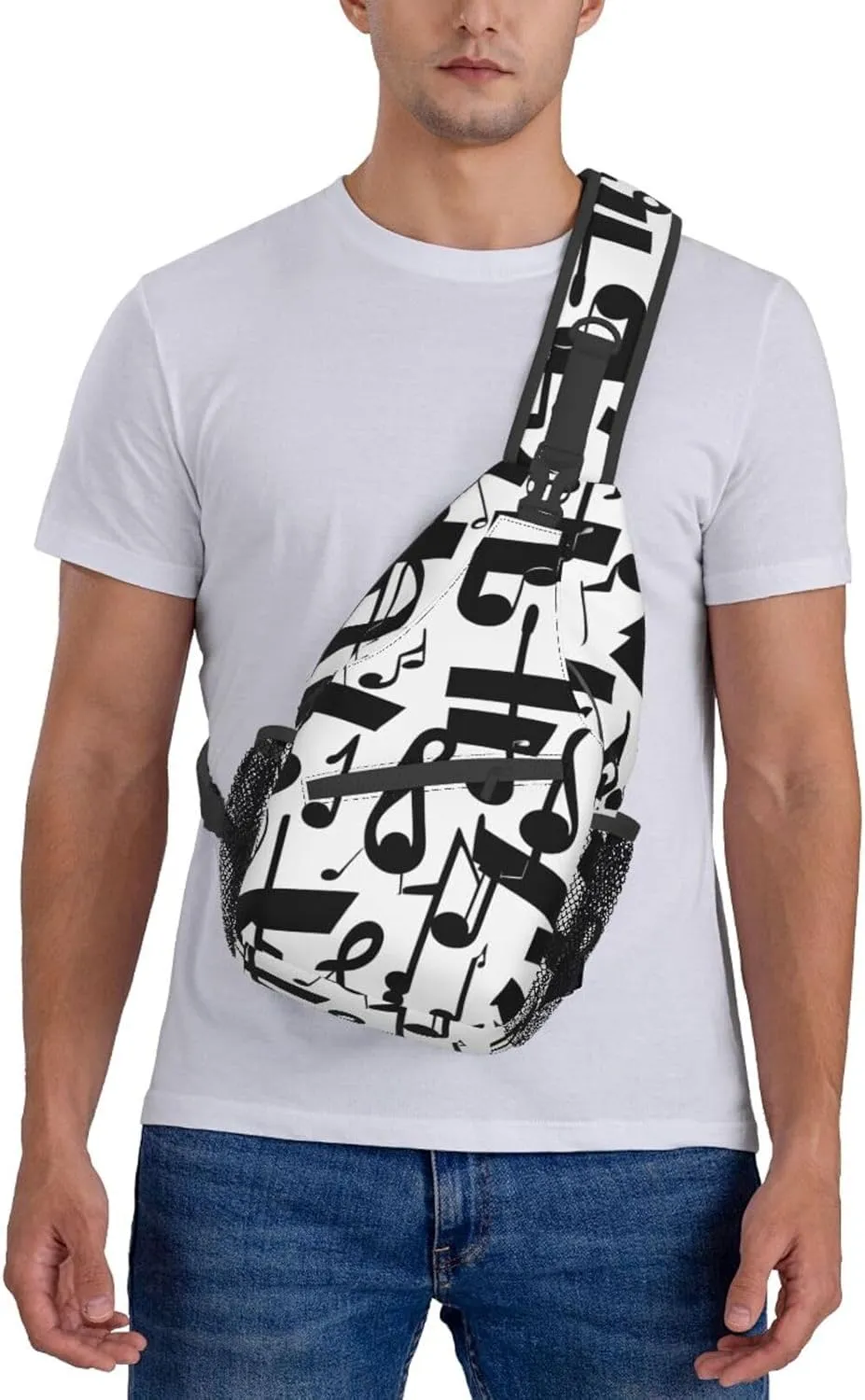 Black Music Note Print Stylish Sling Backpack, Sling Bag,Chest Bag Daypack, for Hiking, Travel, and Business