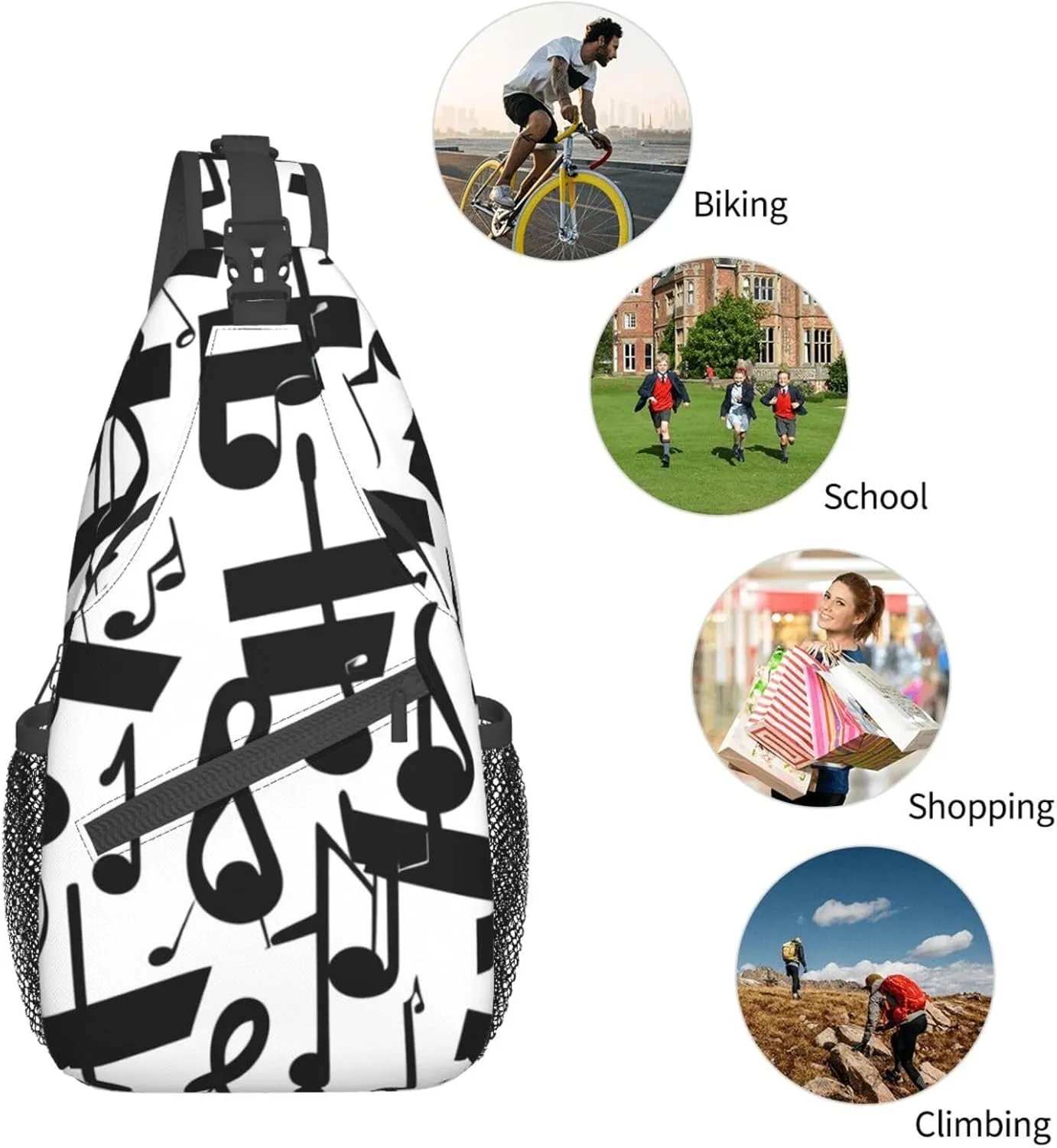 Black Music Note Print Stylish Sling Backpack, Sling Bag,Chest Bag Daypack, for Hiking, Travel, and Business