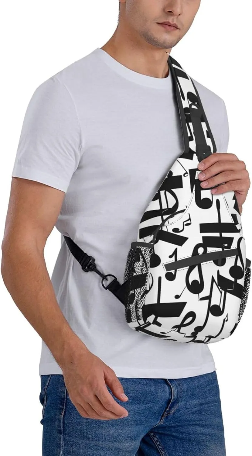 Black Music Note Print Stylish Sling Backpack, Sling Bag,Chest Bag Daypack, for Hiking, Travel, and Business