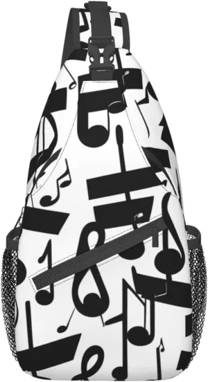 Black Music Note Print Stylish Sling Backpack, Sling Bag,Chest Bag Daypack, for Hiking, Travel, and Business