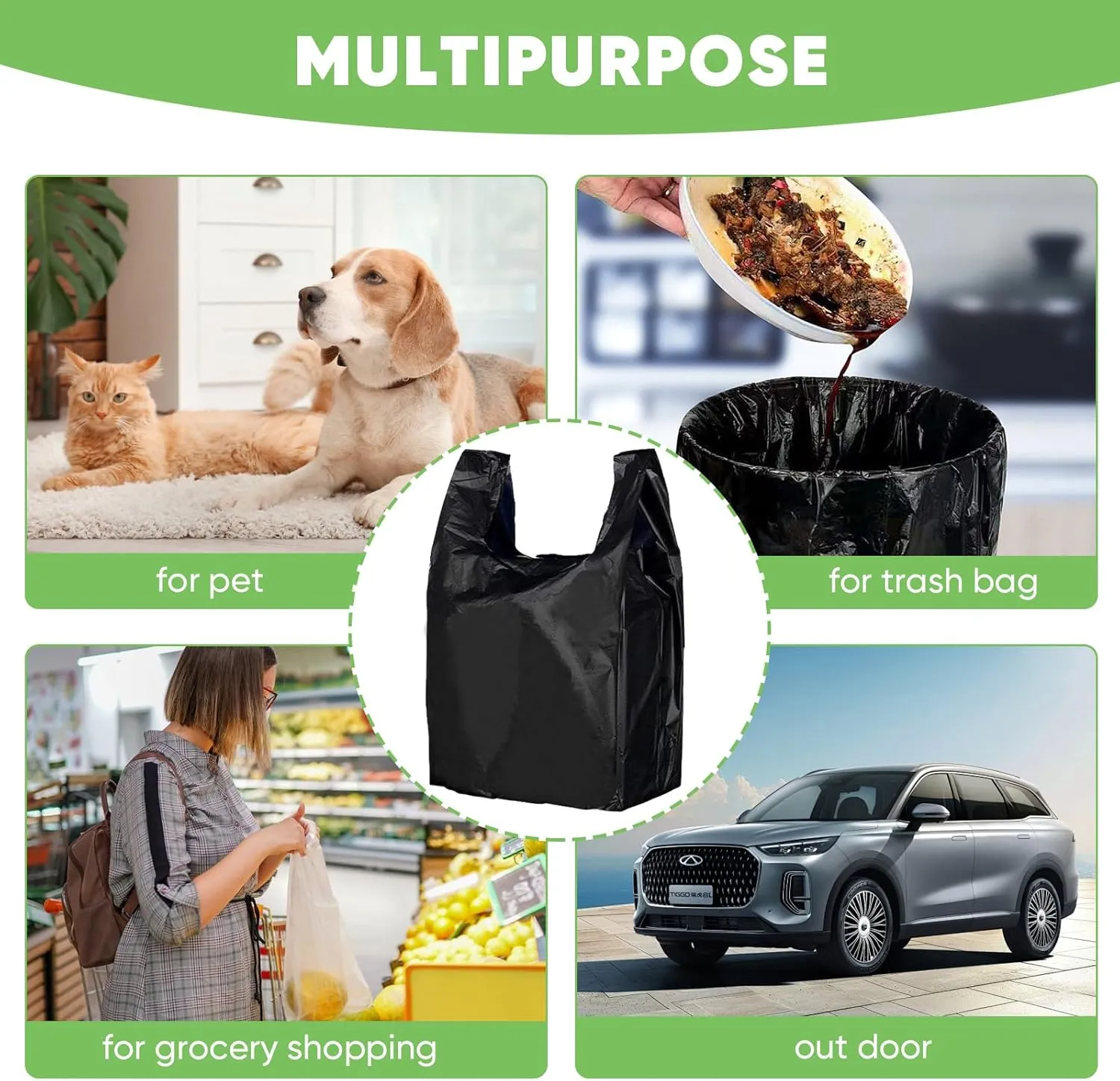 Black Plastic Bags (11.5'x 6.5" x 21')(1000Pack) with Handles - Shopping & Grocery Bags for Small Business, Restaurants in Bulk