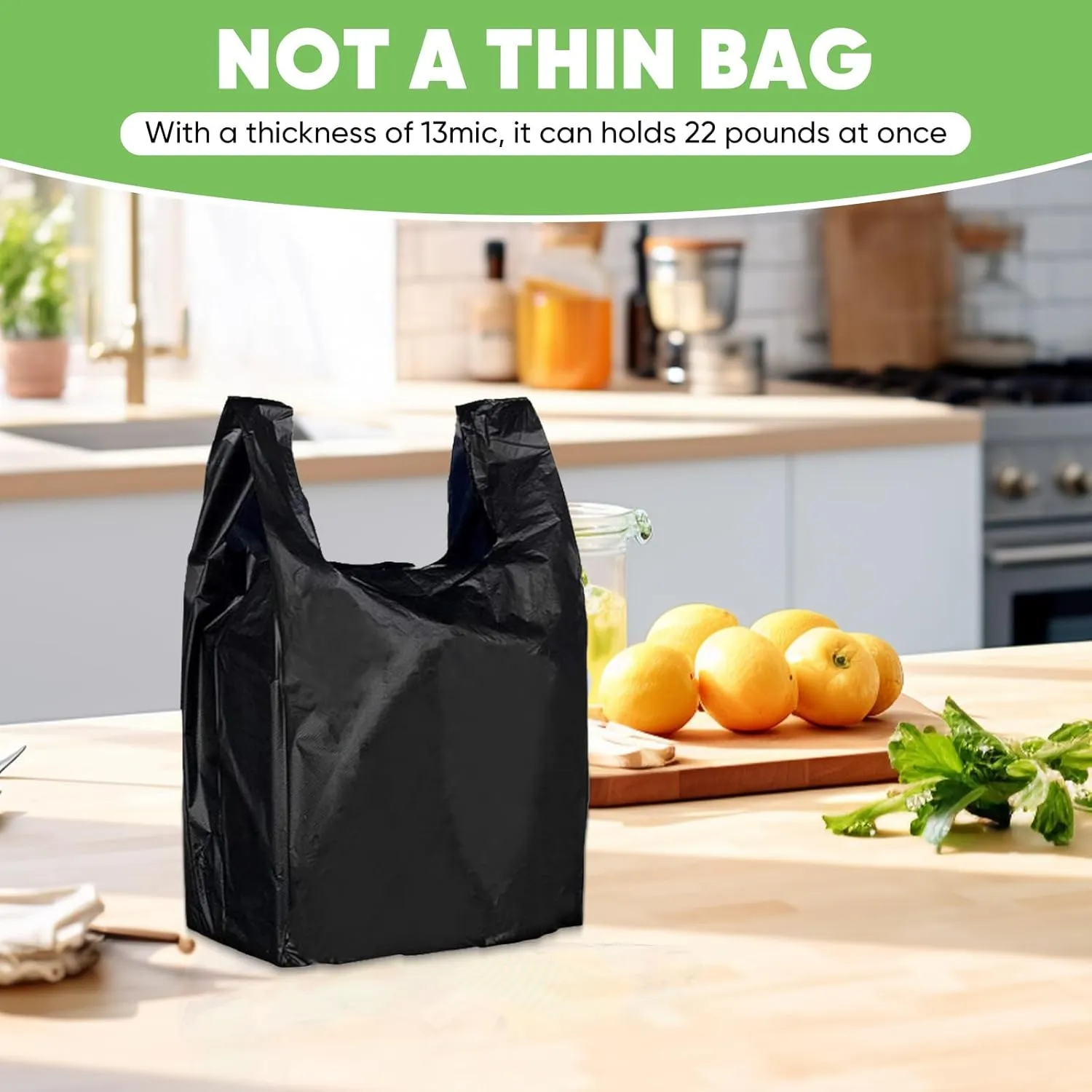 Black Plastic Bags (11.5'x 6.5" x 21')(1000Pack) with Handles - Shopping & Grocery Bags for Small Business, Restaurants in Bulk