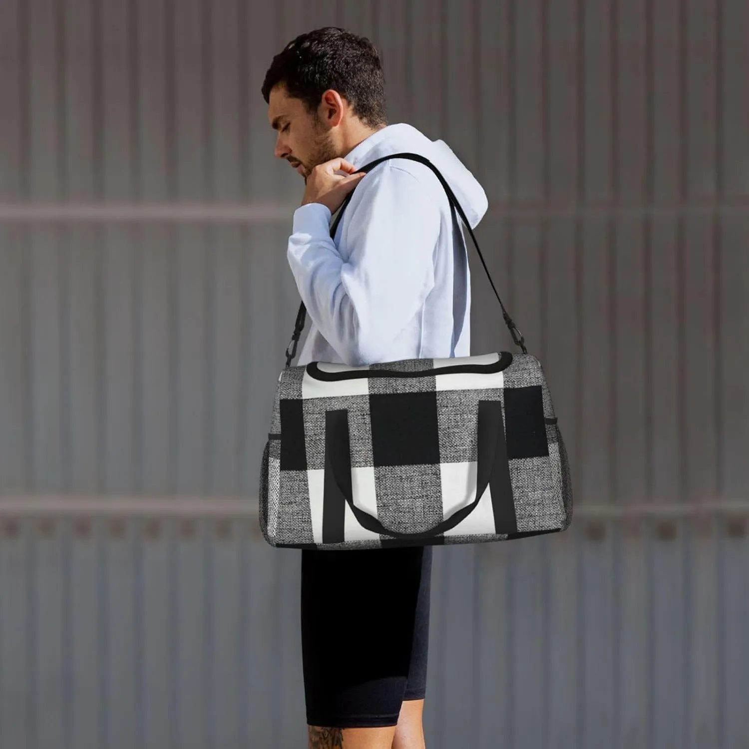 Black White Grid Thin Line Travel Duffel Bag Large Foldable Waterproof Overnight Bag For Beach Swim Bags Pool Sports Gym