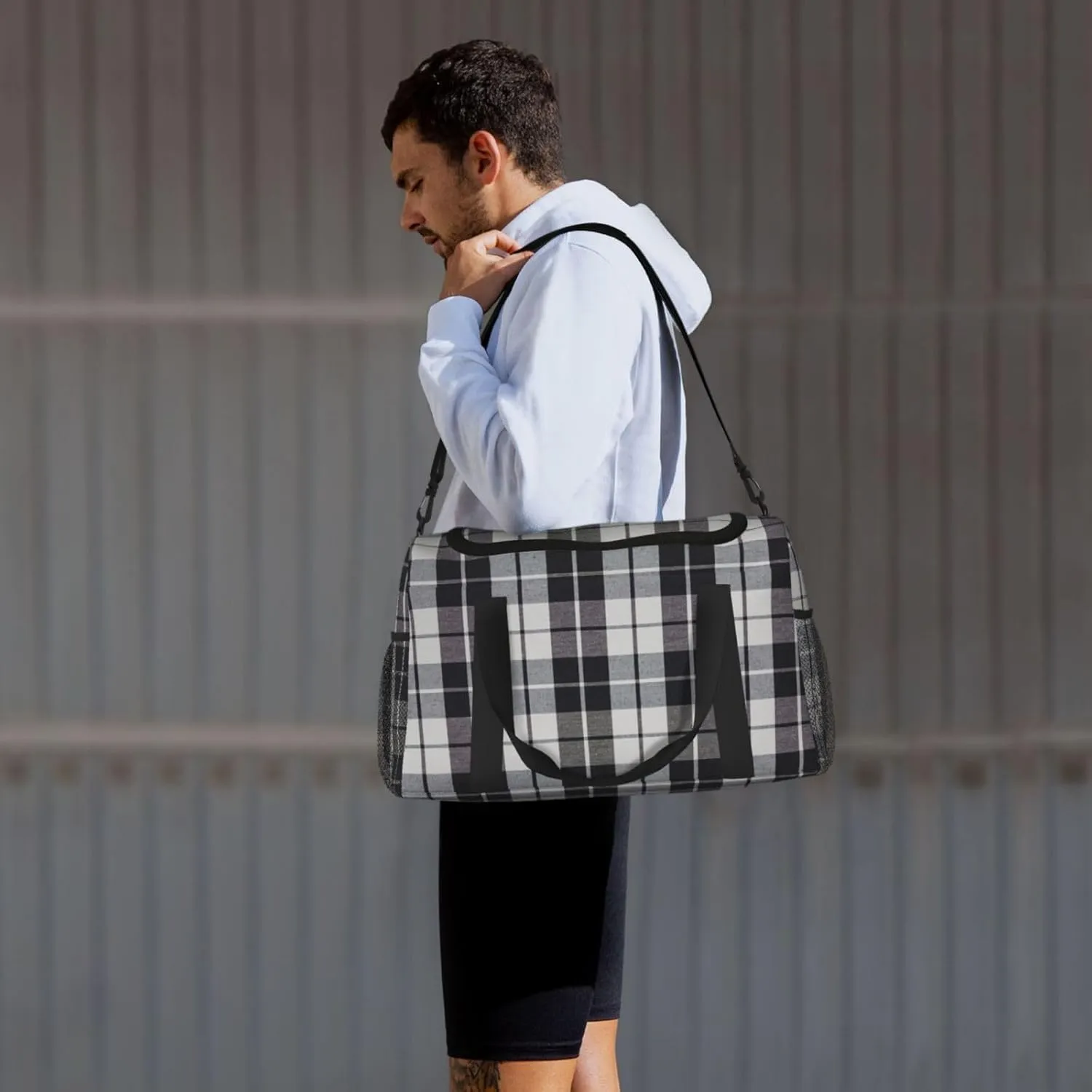 Black White Grid Thin Line Travel Duffel Bag Large Foldable Waterproof Overnight Bag For Beach Swim Bags Pool Sports Gym