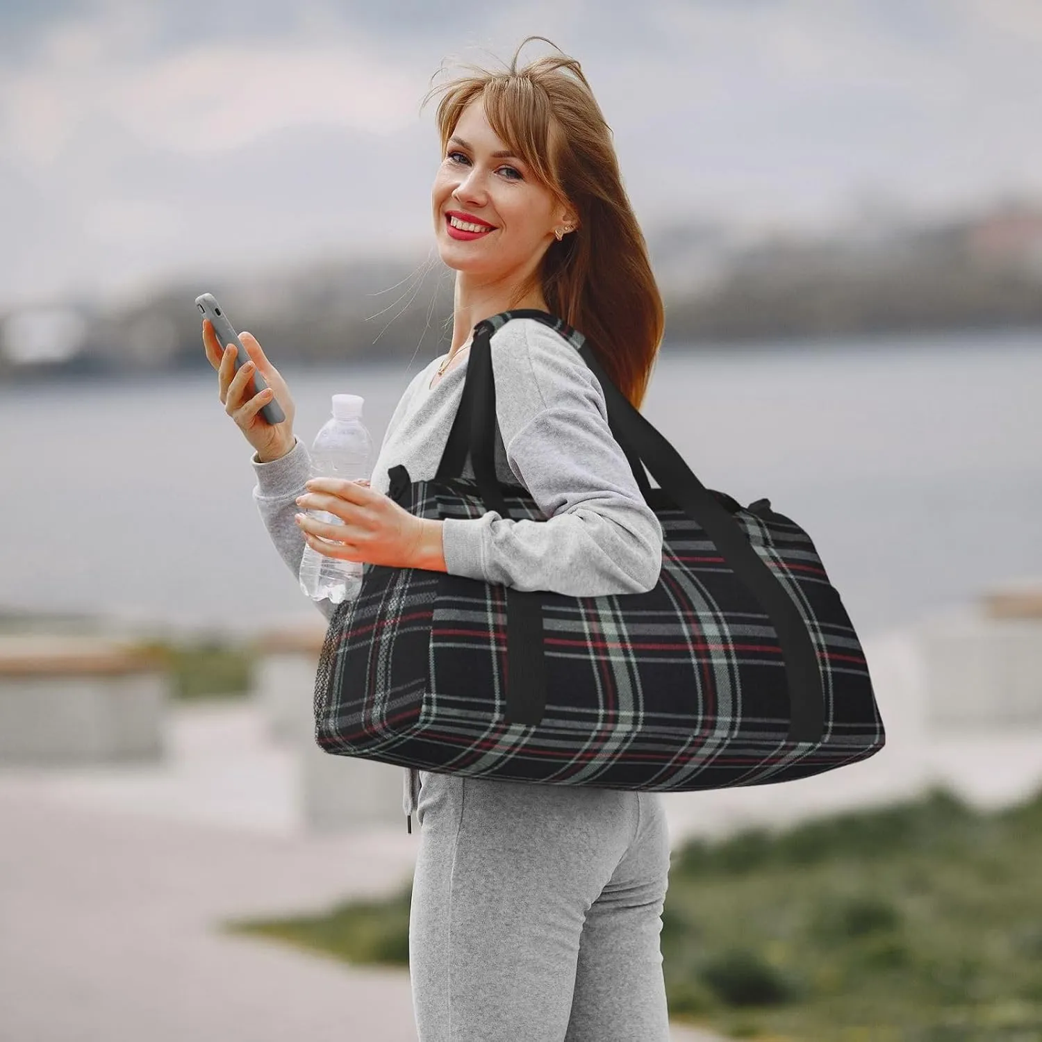 Black White Grid Thin Line Travel Duffel Bag Large Foldable Waterproof Overnight Bag For Beach Swim Bags Pool Sports Gym