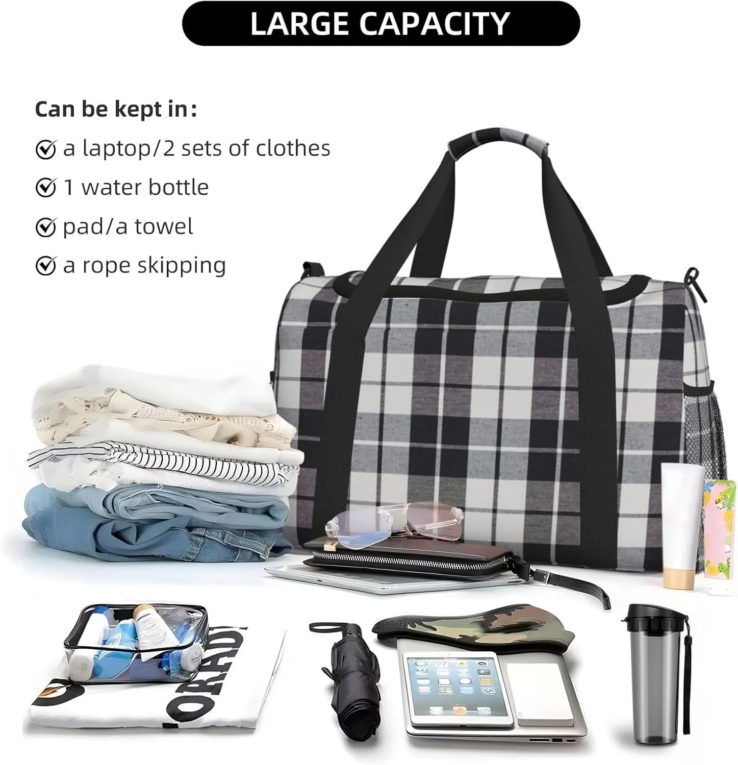 Black White Grid Thin Line Travel Duffel Bag Large Foldable Waterproof Overnight Bag For Beach Swim Bags Pool Sports Gym