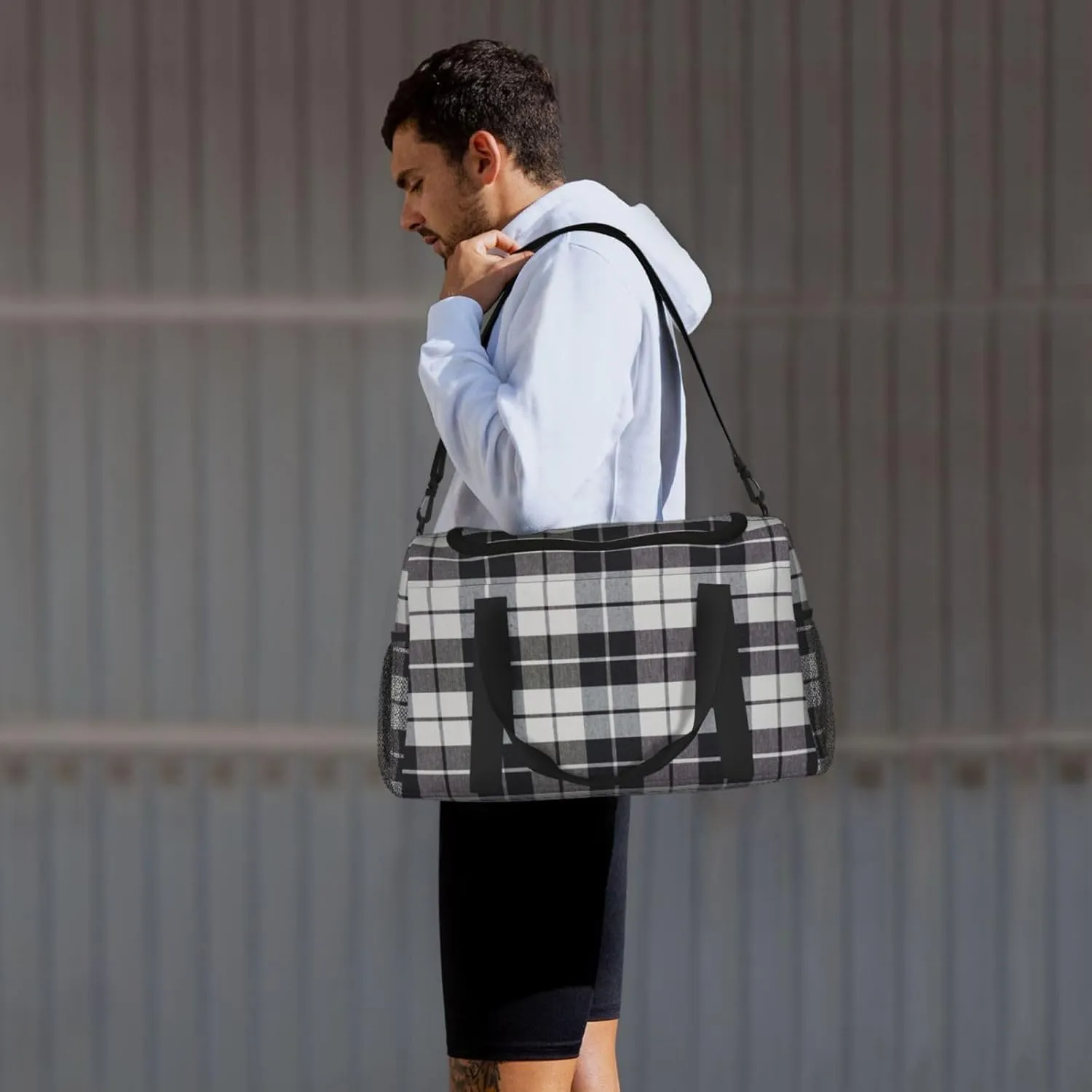 Black White Grid Thin Line Travel Duffel Bag Large Foldable Waterproof Overnight Bag For Beach Swim Bags Pool Sports Gym