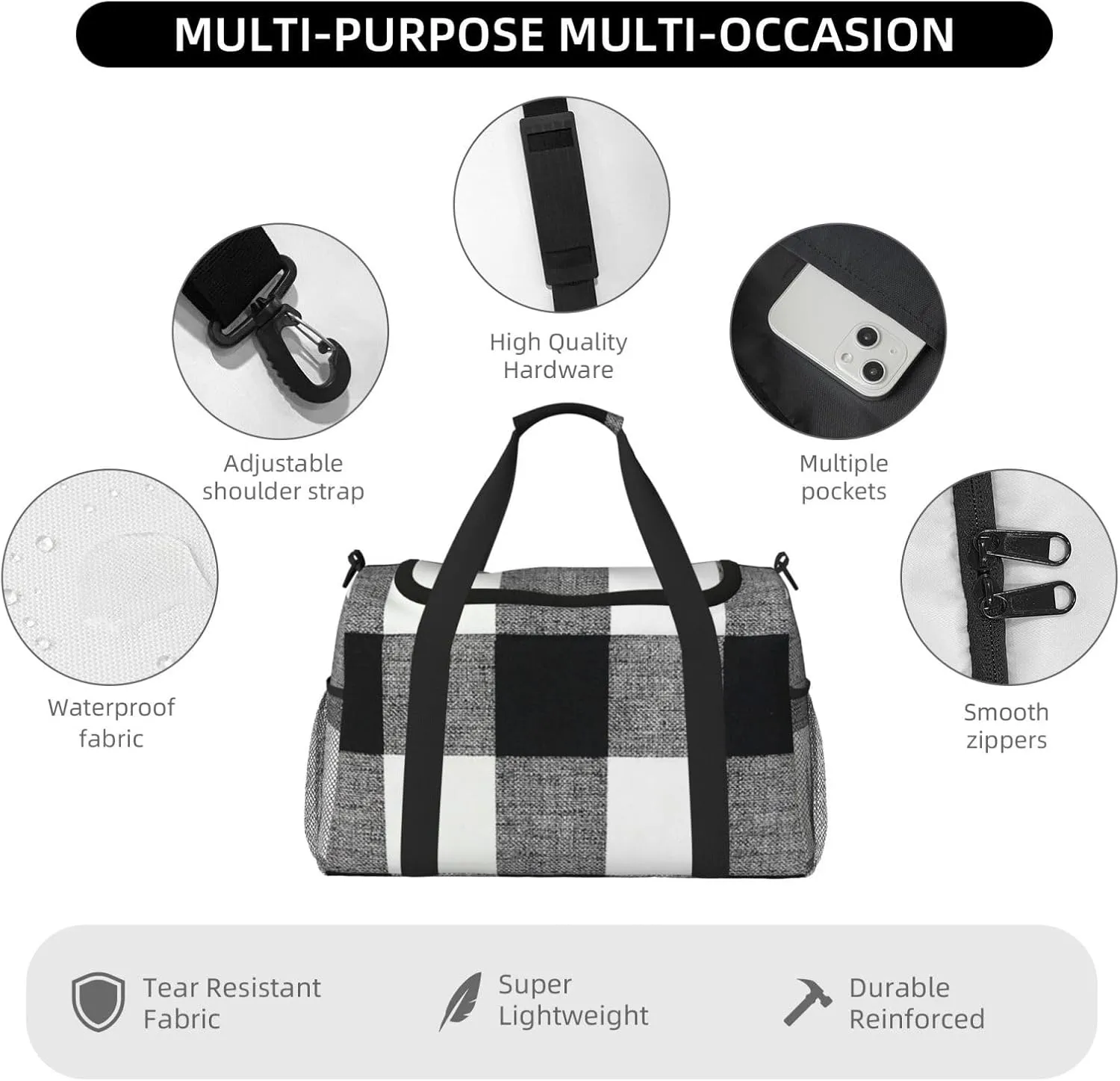 Black White Grid Thin Line Travel Duffel Bag Large Foldable Waterproof Overnight Bag For Beach Swim Bags Pool Sports Gym