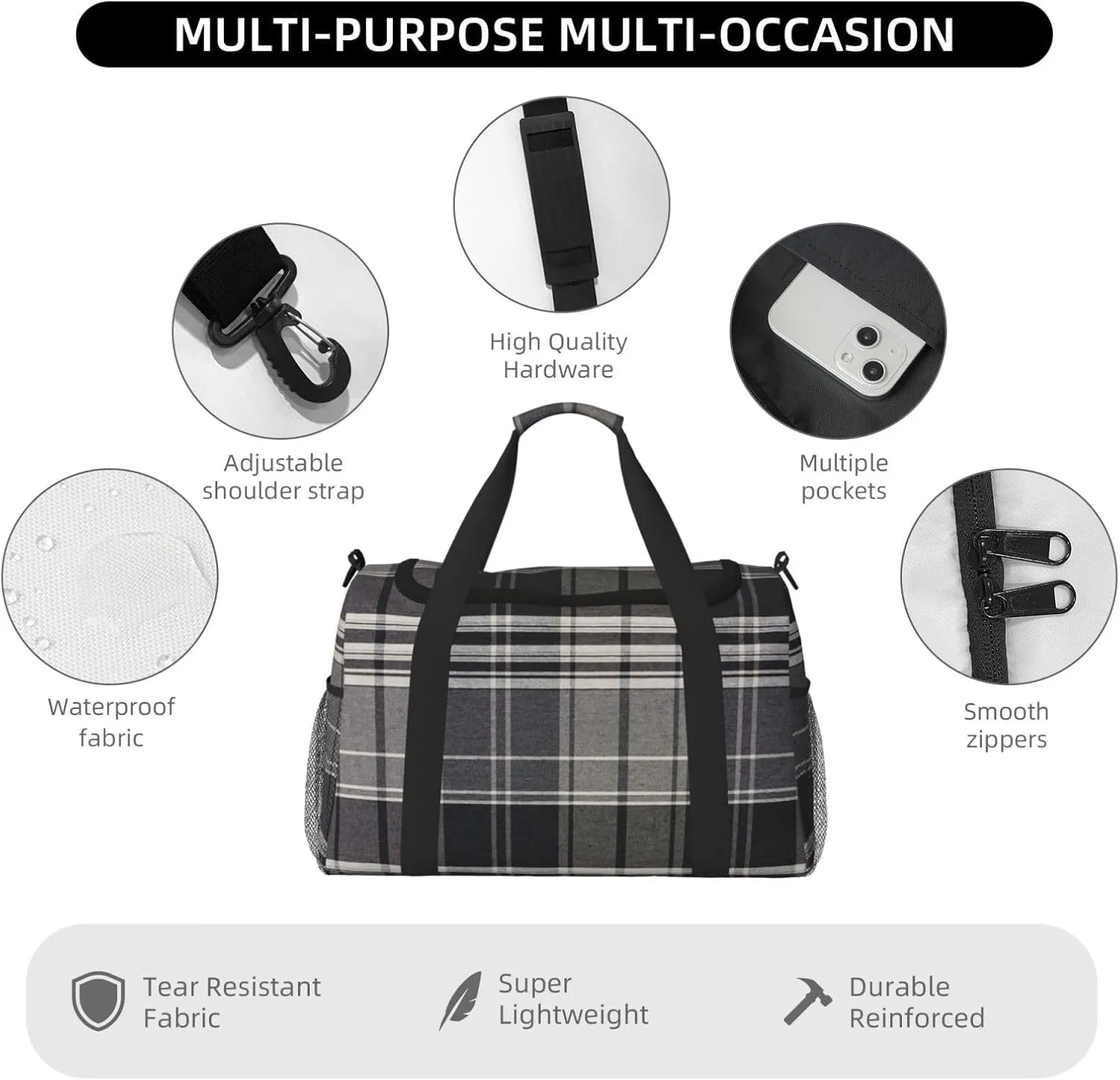 Black White Grid Thin Line Travel Duffel Bag Large Foldable Waterproof Overnight Bag For Beach Swim Bags Pool Sports Gym