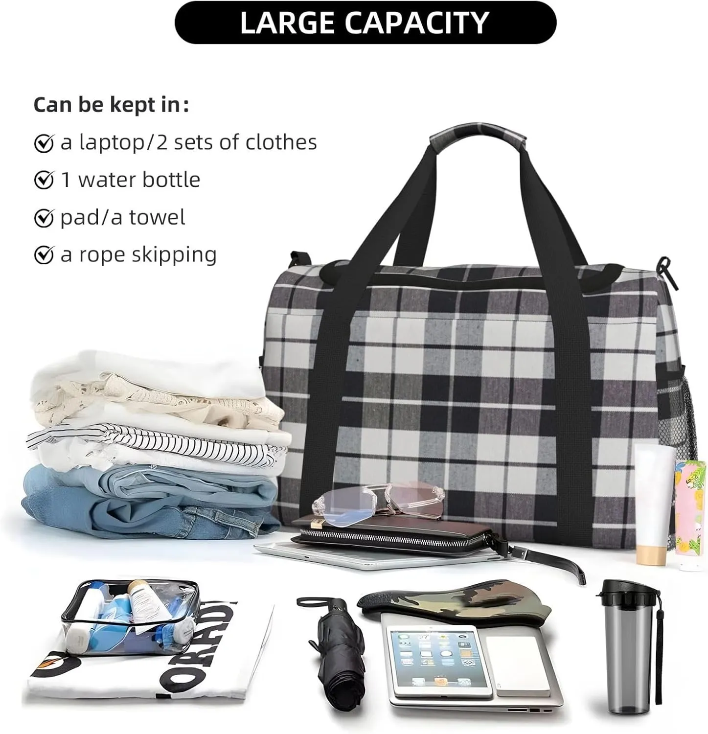 Black White Grid Thin Line Travel Duffel Bag Large Foldable Waterproof Overnight Bag For Beach Swim Bags Pool Sports Gym