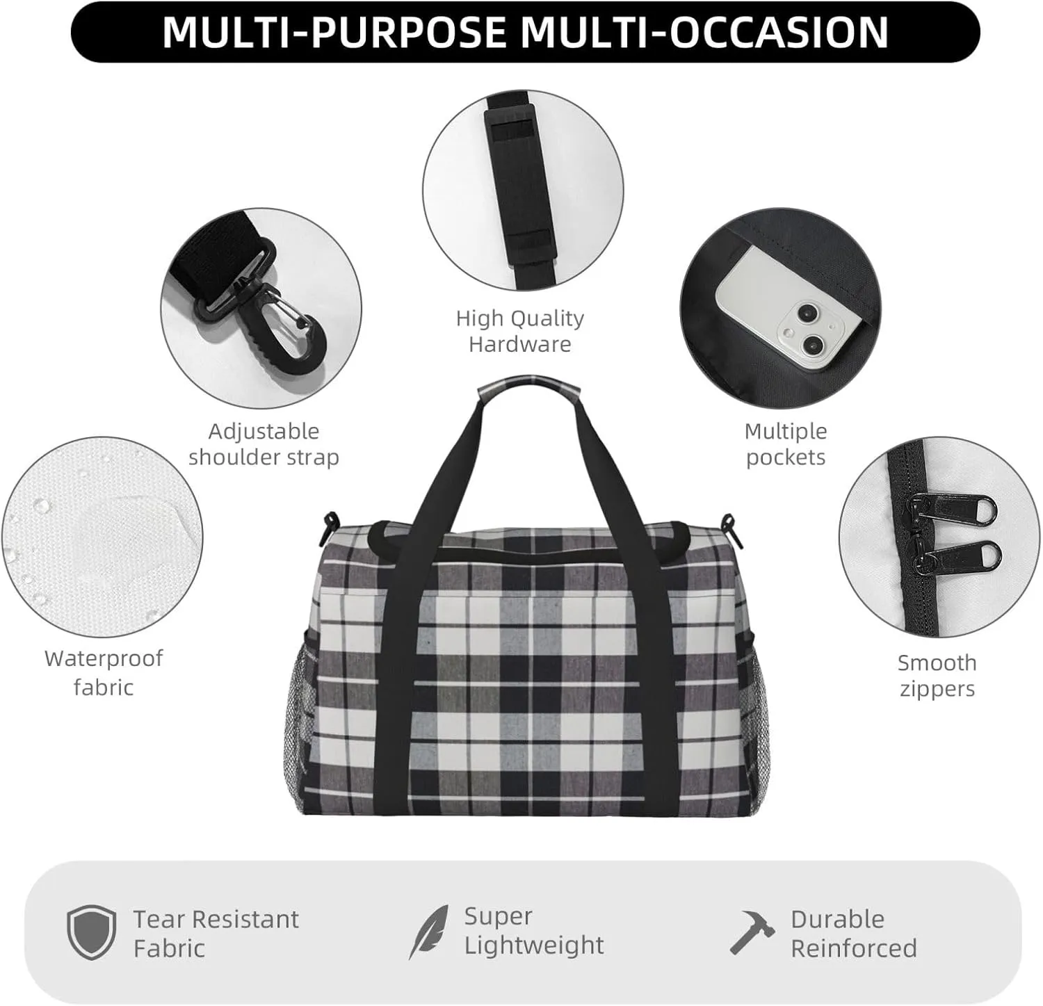 Black White Grid Thin Line Travel Duffel Bag Large Foldable Waterproof Overnight Bag For Beach Swim Bags Pool Sports Gym