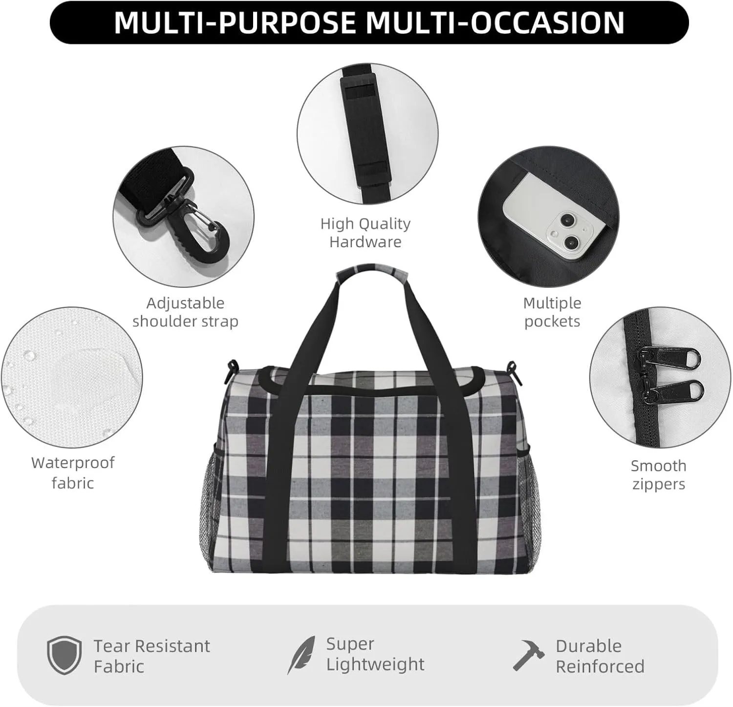 Black White Grid Thin Line Travel Duffel Bag Large Foldable Waterproof Overnight Bag For Beach Swim Bags Pool Sports Gym