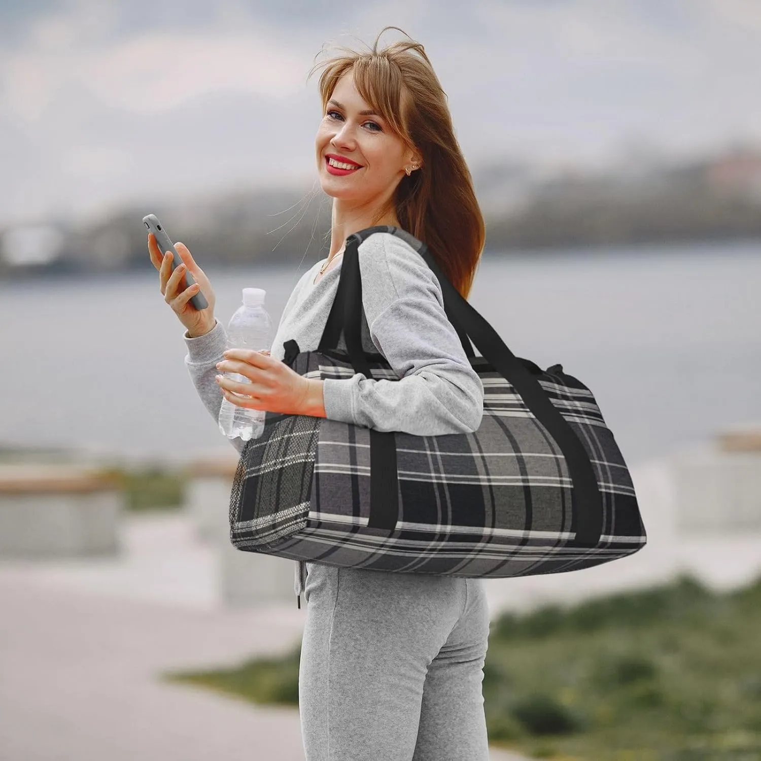Black White Grid Thin Line Travel Duffel Bag Large Foldable Waterproof Overnight Bag For Beach Swim Bags Pool Sports Gym