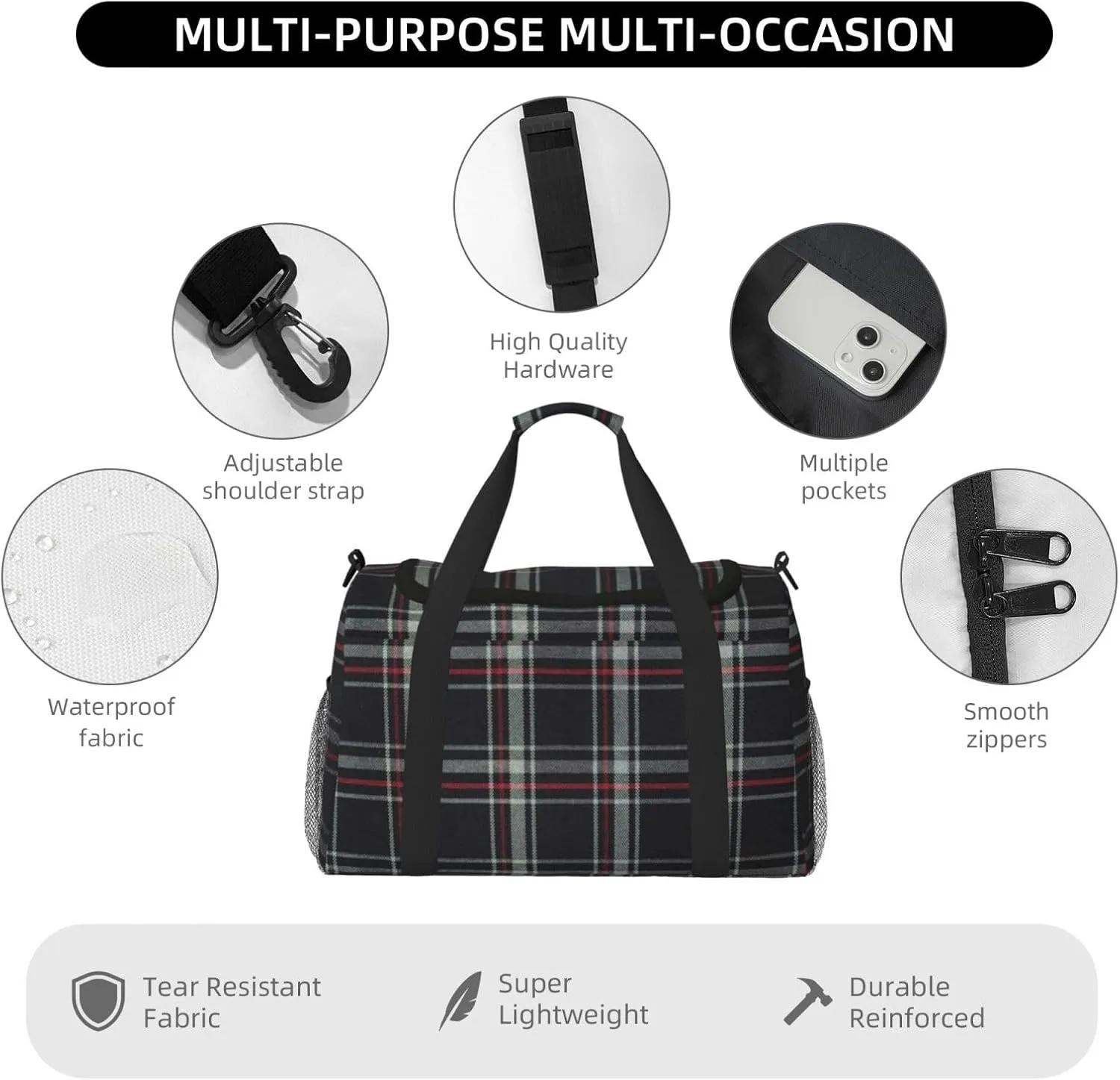 Black White Grid Thin Line Travel Duffel Bag Large Foldable Waterproof Overnight Bag For Beach Swim Bags Pool Sports Gym