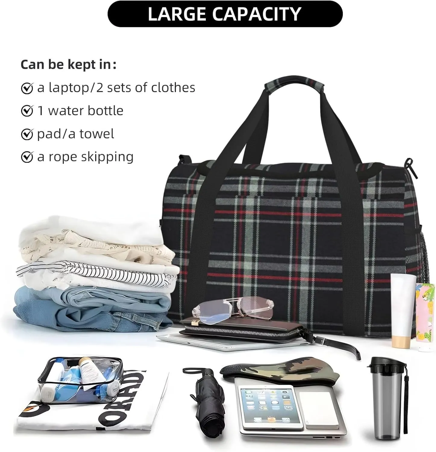 Black White Grid Thin Line Travel Duffel Bag Large Foldable Waterproof Overnight Bag For Beach Swim Bags Pool Sports Gym