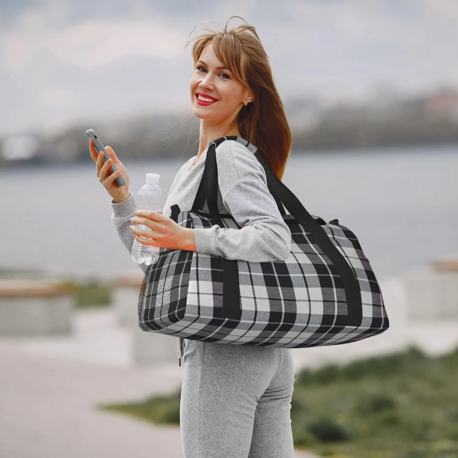 Black White Grid Thin Line Travel Duffel Bag Large Foldable Waterproof Overnight Bag For Beach Swim Bags Pool Sports Gym