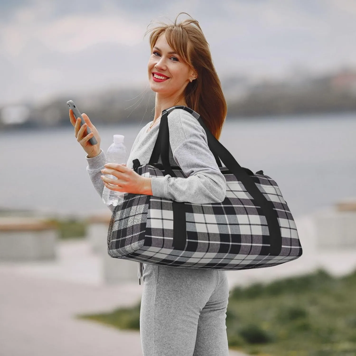 Black White Grid Thin Line Travel Duffel Bag Large Foldable Waterproof Overnight Bag For Beach Swim Bags Pool Sports Gym