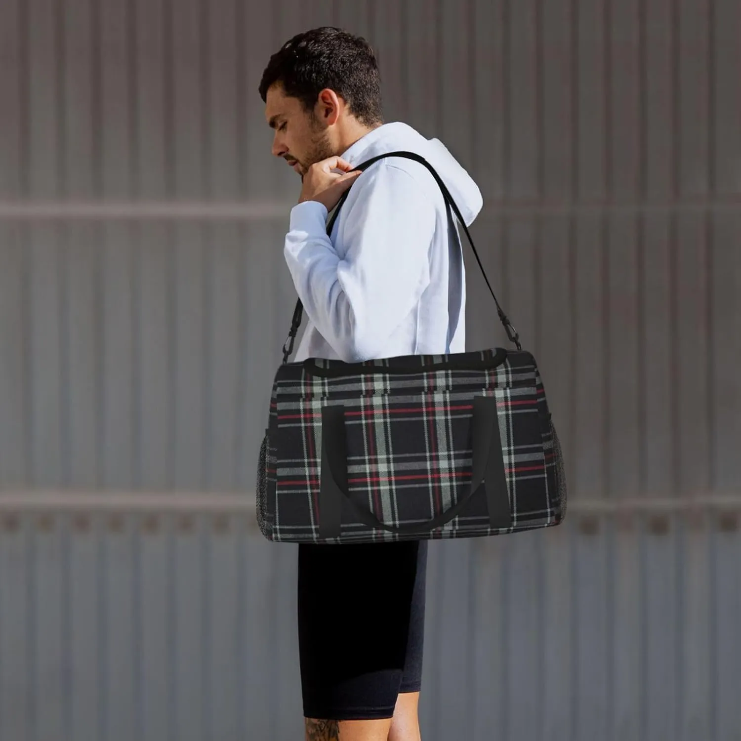 Black White Grid Thin Line Travel Duffel Bag Large Foldable Waterproof Overnight Bag For Beach Swim Bags Pool Sports Gym