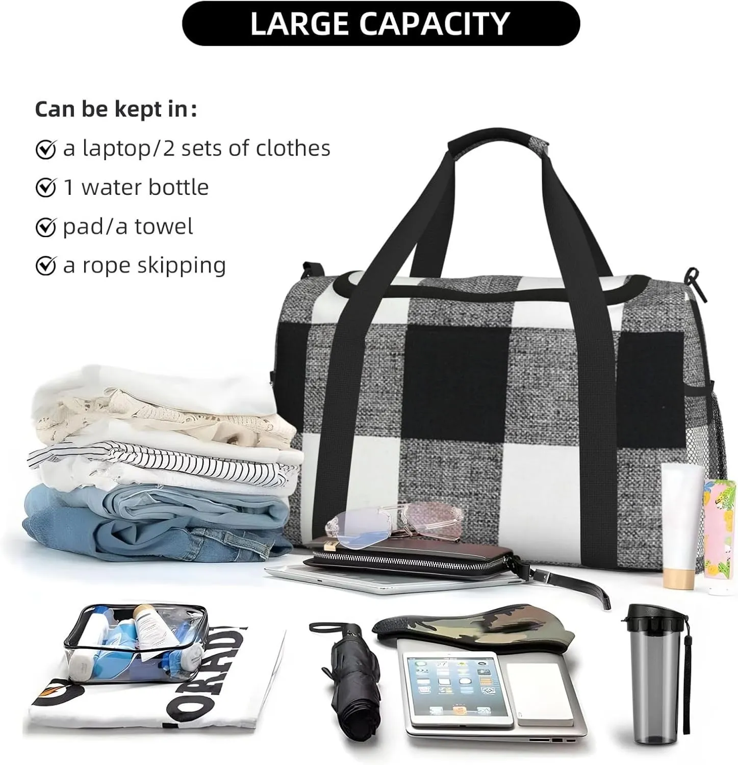 Black White Grid Thin Line Travel Duffel Bag Large Foldable Waterproof Overnight Bag For Beach Swim Bags Pool Sports Gym