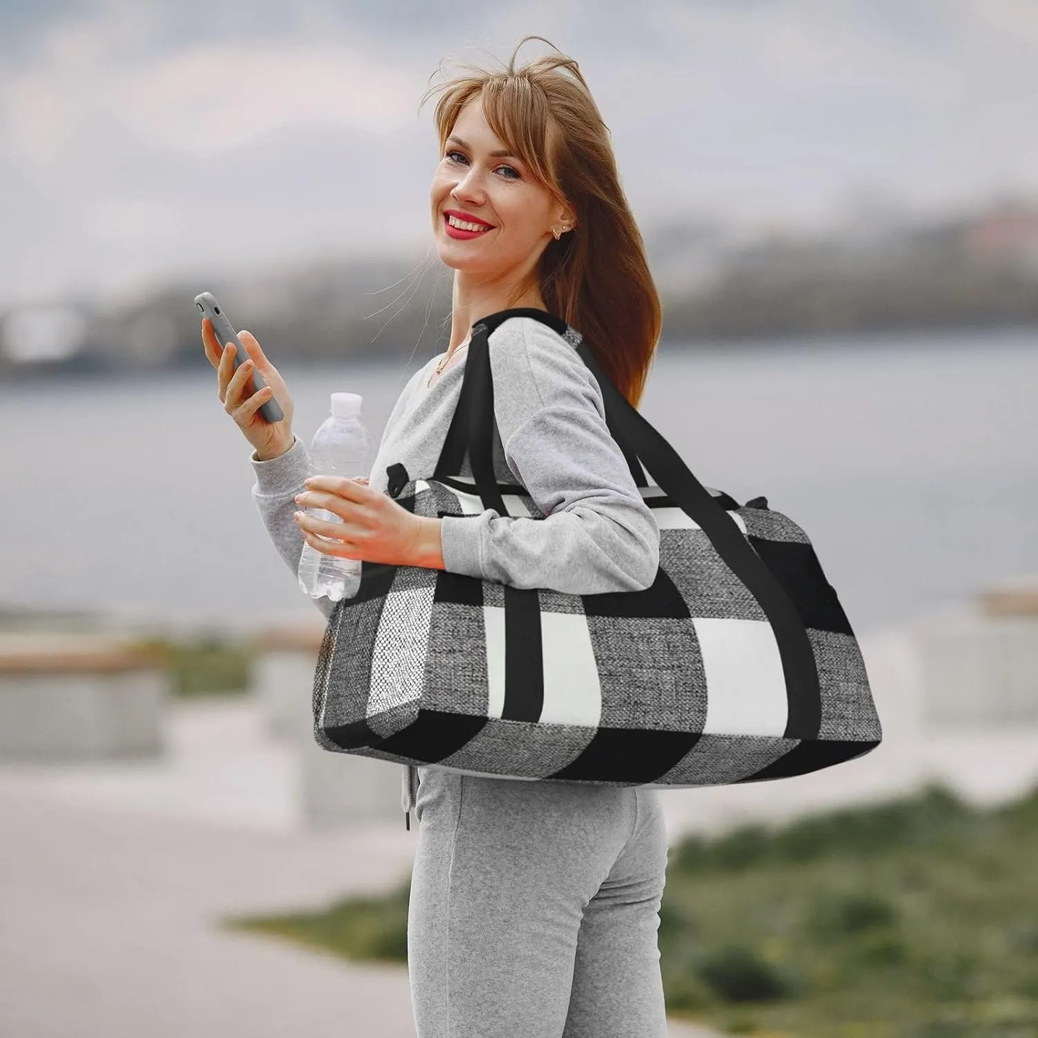 Black White Grid Thin Line Travel Duffel Bag Large Foldable Waterproof Overnight Bag For Beach Swim Bags Pool Sports Gym