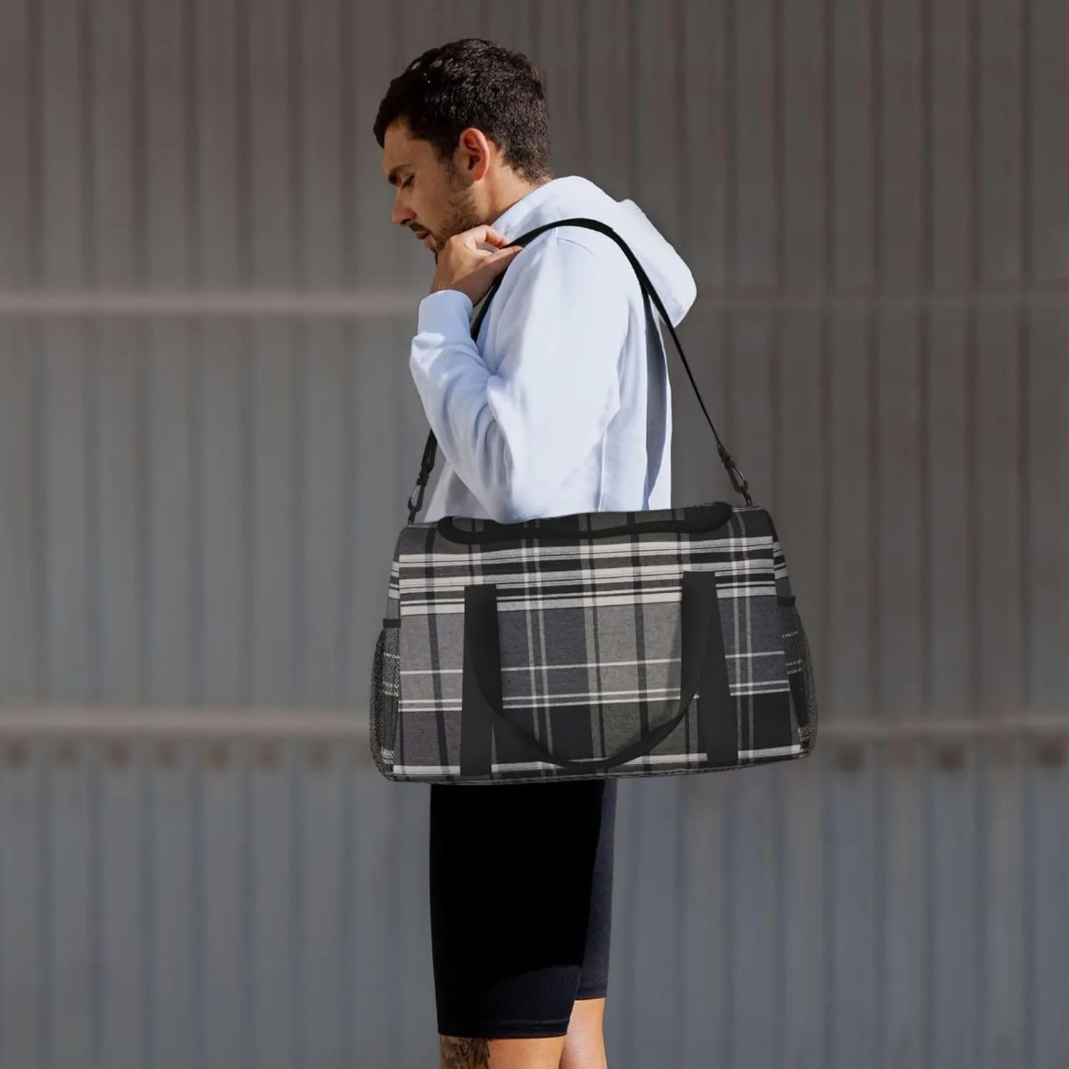 Black White Grid Thin Line Travel Duffel Bag Large Foldable Waterproof Overnight Bag For Beach Swim Bags Pool Sports Gym