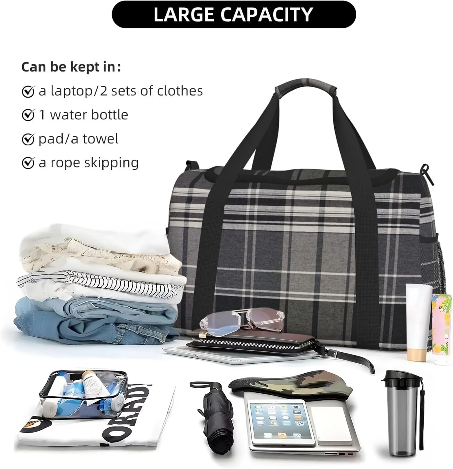 Black White Grid Thin Line Travel Duffel Bag Large Foldable Waterproof Overnight Bag For Beach Swim Bags Pool Sports Gym