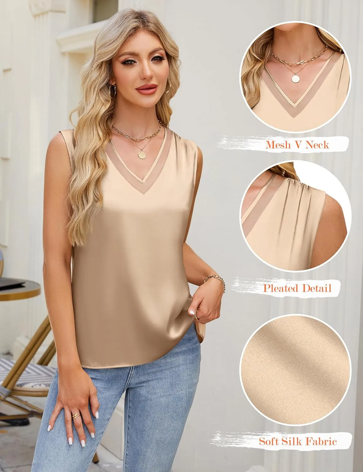 Blooming Jelly Womens Silk Business Dressy Casual Tank Tops Mesh V Neck Sleeveless Summer Blouse Work Pleated Outfits
