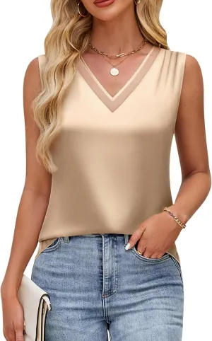 Blooming Jelly Womens Silk Business Dressy Casual Tank Tops Mesh V Neck Sleeveless Summer Blouse Work Pleated Outfits