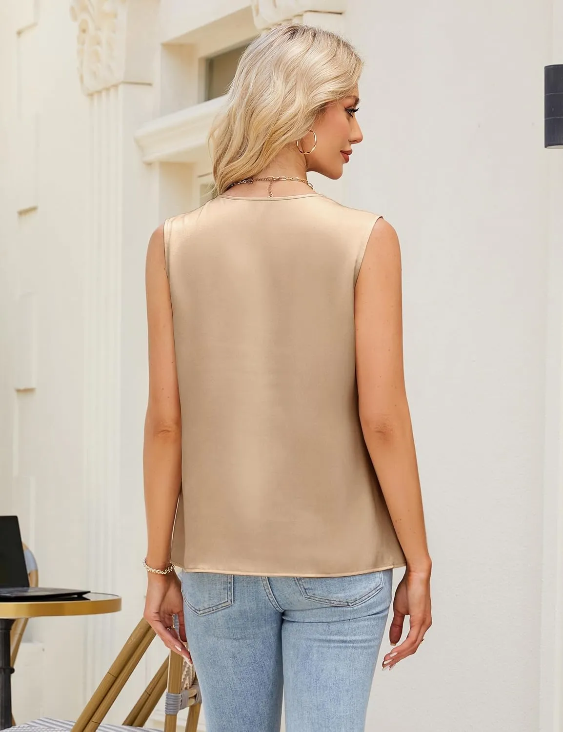 Blooming Jelly Womens Silk Business Dressy Casual Tank Tops Mesh V Neck Sleeveless Summer Blouse Work Pleated Outfits